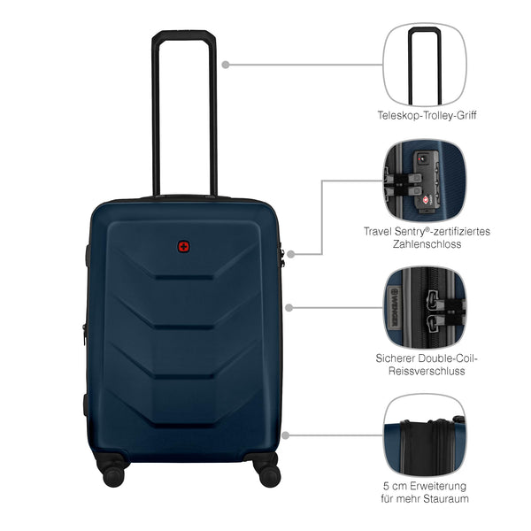Wenger Prymo Medium hardside case with 4 Wheels, mid-Sized, 59 (67) L, Hardshell, Security Lock, for Men and Women, Travel or Vacation, Black, 612537