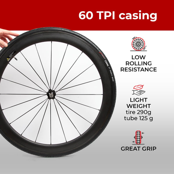 Fincci Racing Bike Tyres 700 x 23c - Set of Slick Foldable Tires 28 inch with 1mm Nylon Protection and 2x Inner Tube 23-622 Presta Valve - 60 TPI for