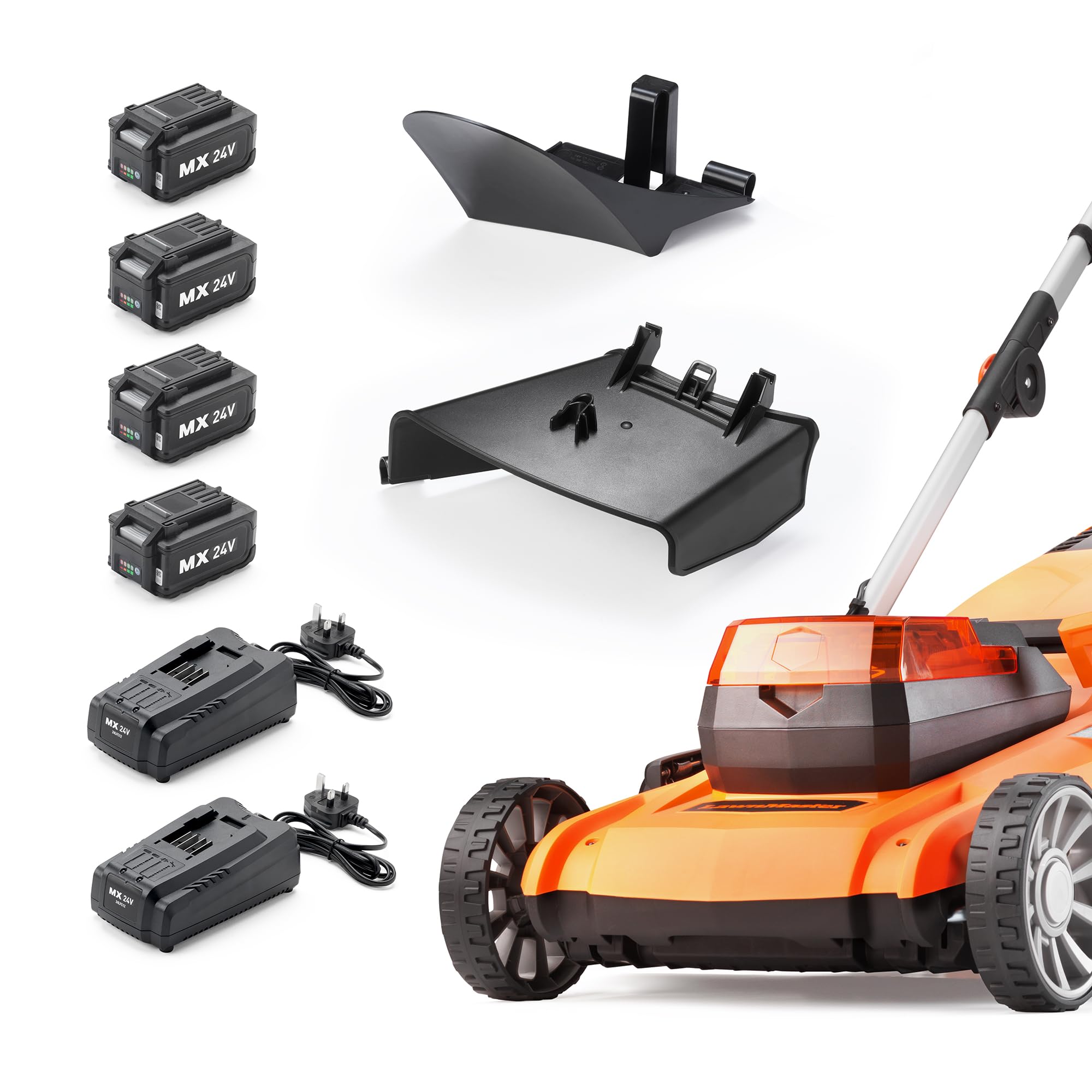 LawnMaster 48V 46cm Cordless Lawnmower with a Set of 2 MX 24V 4.0Ah Batteries, 2x Fast Chargers, Rear Roller, Grass Side Eject and Mulching Function. Battery Lawnmower for Larger Lawns.