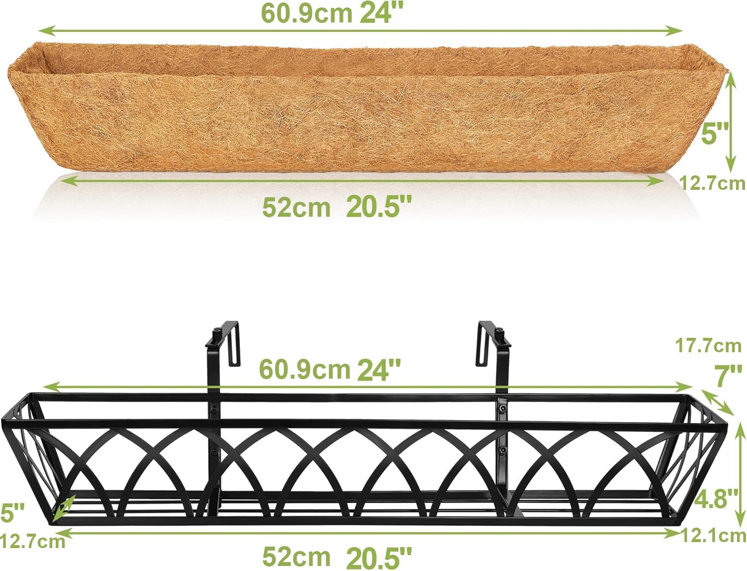 HFHOME 4Pcs 24"/60.9cm Hanging Flower Baskets, Wall Mounted Trough Basket with Coco Liner, Metal Railing Planter Box for Window Box Porch Balcony