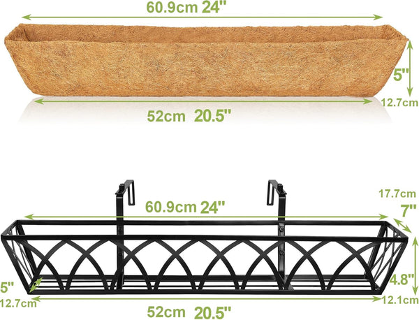 HFHOME 4Pcs 24"/60.9cm Hanging Flower Baskets, Wall Mounted Trough Basket with Coco Liner, Metal Railing Planter Box for Window Box Porch Balcony