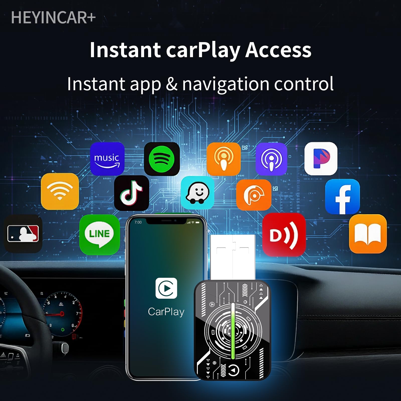 HEYINCAR+ 2025 Wireless CarPlay Adapter UK, Effortlessly Convert Wired to Wireless CarPlay, Compatible with iPhone iOS 10+ & Android Auto, Mini & Stable Car Play Wireless