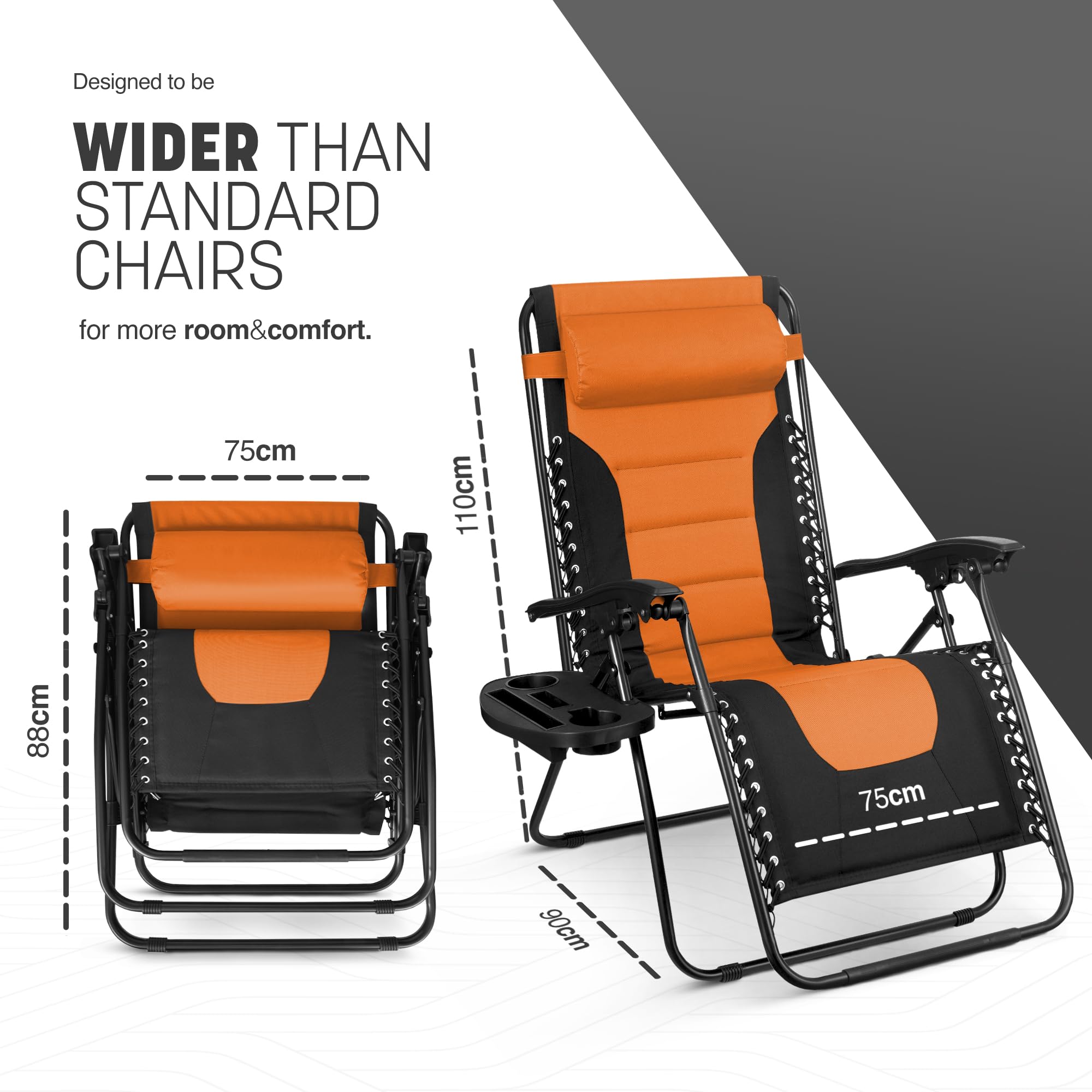 KEPLIN Set of 2 XXL Premium Heavy Duty Padded Zero Gravity Chairs - Luxurious Garden Recliners, Adjustable Headrest, Cup & Phone Holder, Foldable, Easy to Clean Patio Sun Loungers(Black)