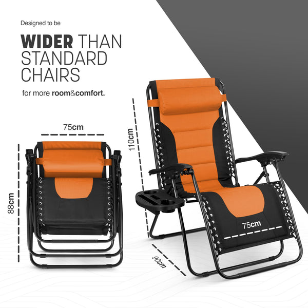 KEPLIN Set of 2 XXL Premium Heavy Duty Padded Zero Gravity Chairs - Luxurious Garden Recliners, Adjustable Headrest, Cup & Phone Holder, Foldable, Easy to Clean Patio Sun Loungers(Black)