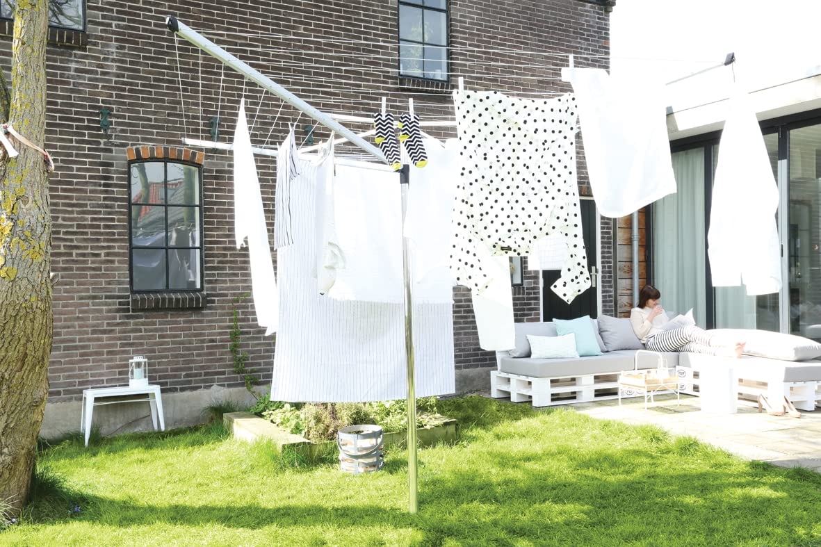 Brabantia - Topspinner - 50 Metres of Clothes Line - UV-Resistant & Non-Slip Lining - Smooth Turns - Umbrella System - Rotary Dryer with Ground Spike