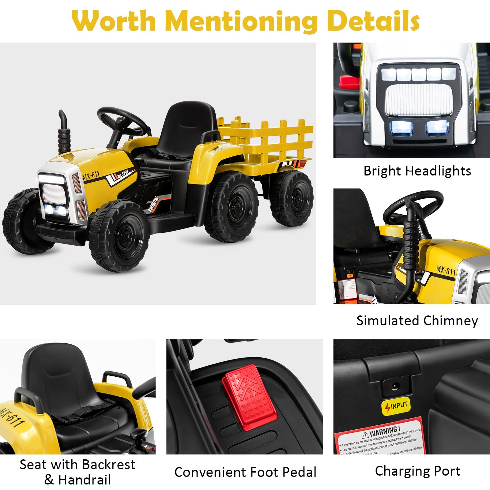 COSTWAY Ride on Tractor and Trailer, 12V Battery Powered Electric Kids Toy Car with Remote Control, LED Lights, USB & Bluetooth Music, Four Wheels Ride on Toys for Children Ages 3+(Dark Green)