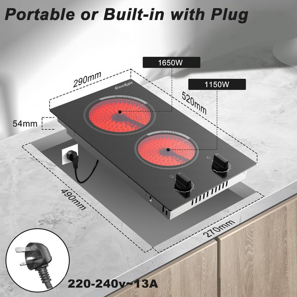 Cooksir Electric Hob 60cm, Ceramic Hob 4 Ring 6700W, Electric Hob 4 Zone with Expandable Dual and Oval Zone, Built-in Hob with Frame, Timer, Safety Lock, 220-240V(No Plug)