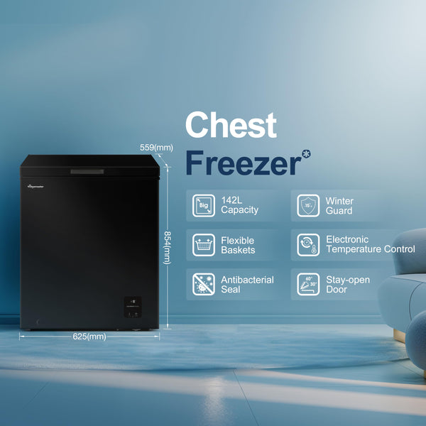 Fridgemaster MCF142EB 142L Chester Freezer 4 Star Freezer Rating - 55.9D x 62.5W x 85.4H cm Black with Recessed Handle - E Rated