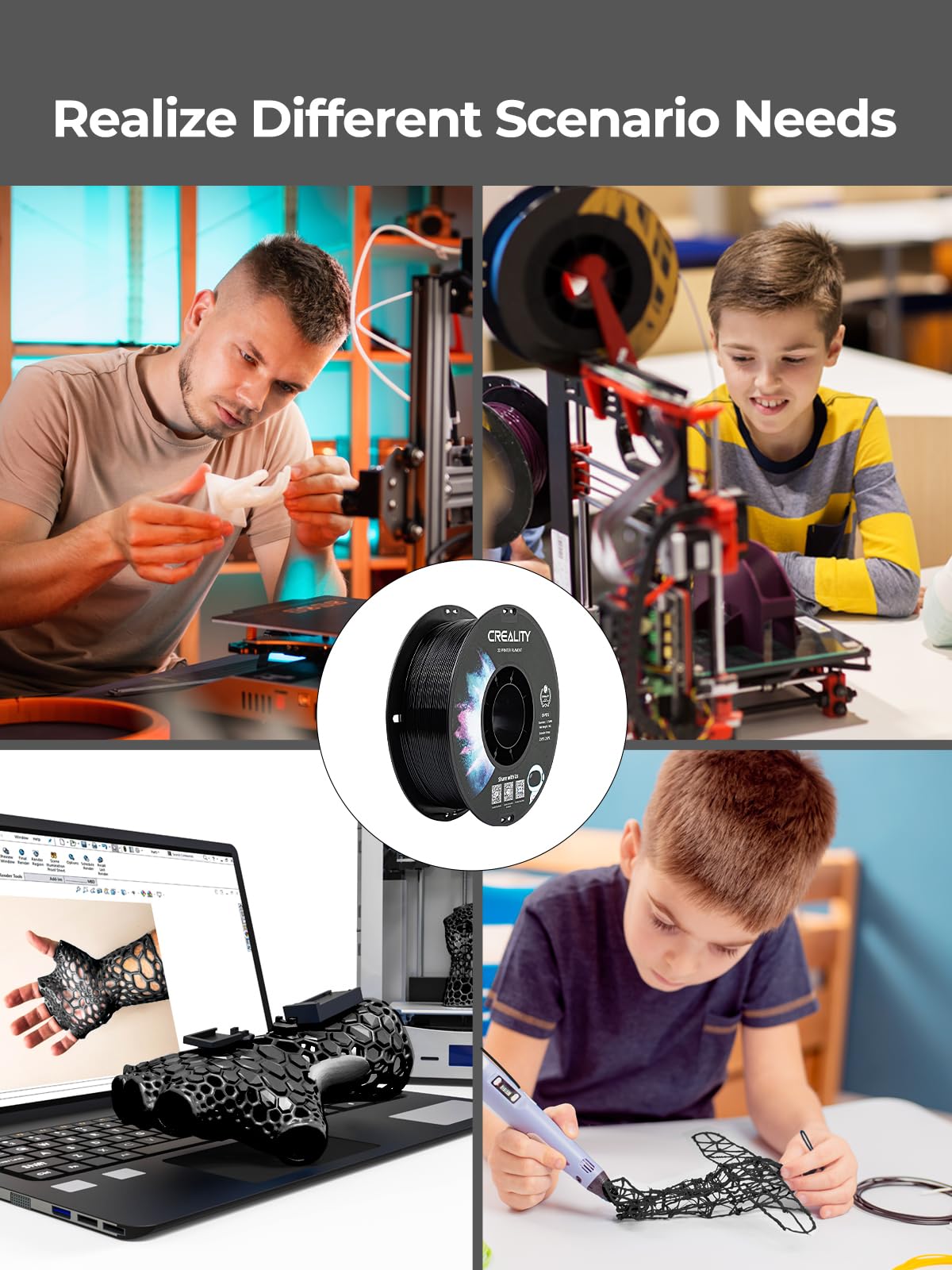 Creality CR-PETG PLA Filament 1.75mm 3D Printing Filament 4 KG, Excellent Toughness High Precision, Odorless Non-Toxic Moistureproof, 1kg(2.2lbs) Glossy for 3D Printer (Black+White+Red+Blue)*1KG