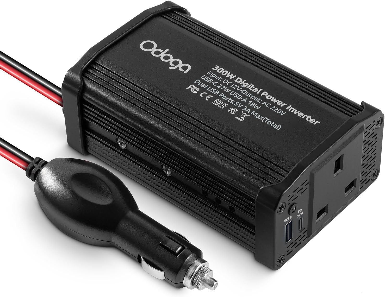 Odoga 300W Car Power Inverter 12V to 240V / 230V Converter, USB-A and USB-C 3A Charging Ports - Charge Your Laptop, iPad, iPhone, Tablet, Consoles & More - Durable and Powerful - Black Aluminum Body