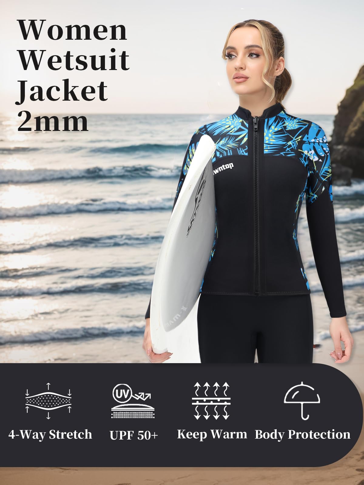 Owntop 2mm Neoprene Wetsuits Jacket for Men/Women, Long Sleeve Front Zipper, Purple, Unisex-Adults, Surfing, Scuba Diving, Paddling, Swimming