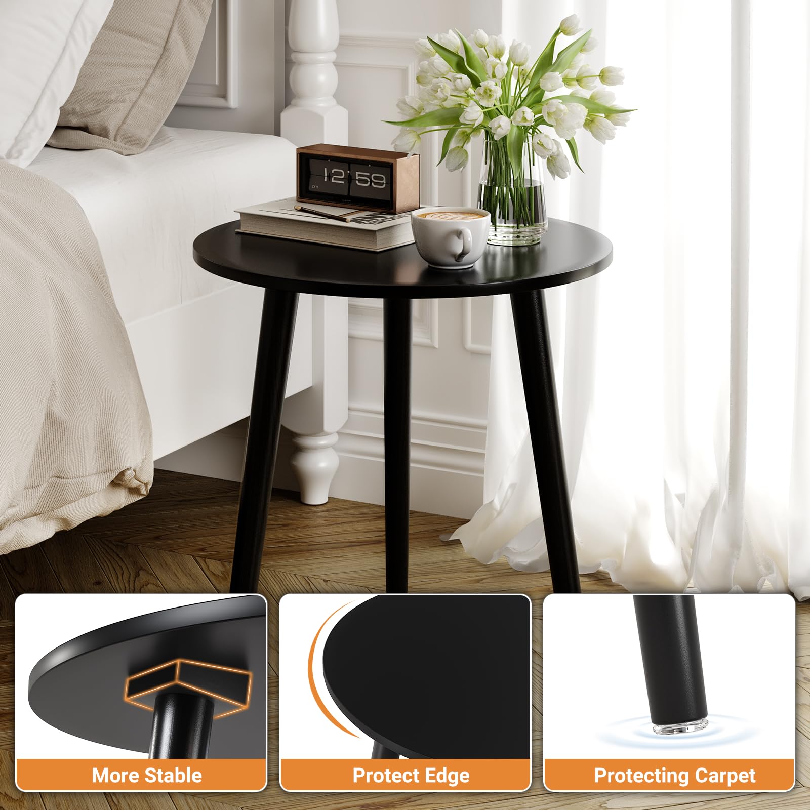 APICIZON Black Side Table, Round Coffee Table, Small End Table for Living room, Bedroom, Small Space, Wooden Bedside Table, Easy Assemble, 42(D) x