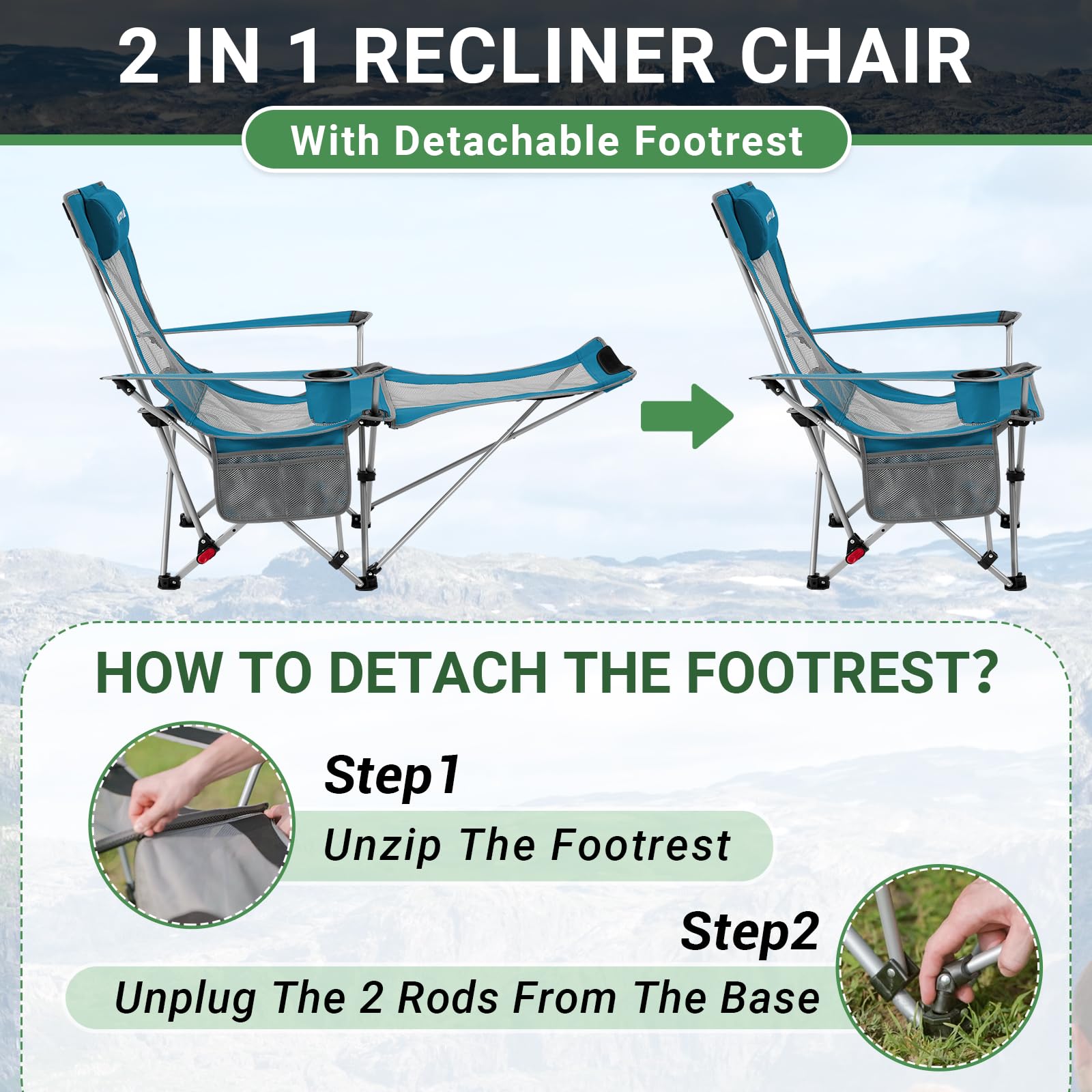 #WEJOY Camping Chairs Folding Recliner Chair Adjustable with Detachable Footrest Headrest Cup Holder Lightweight Portable Reclining Camp Chair Fold Up Chair for Outdoor Beach Garden, Cyan Set of 2