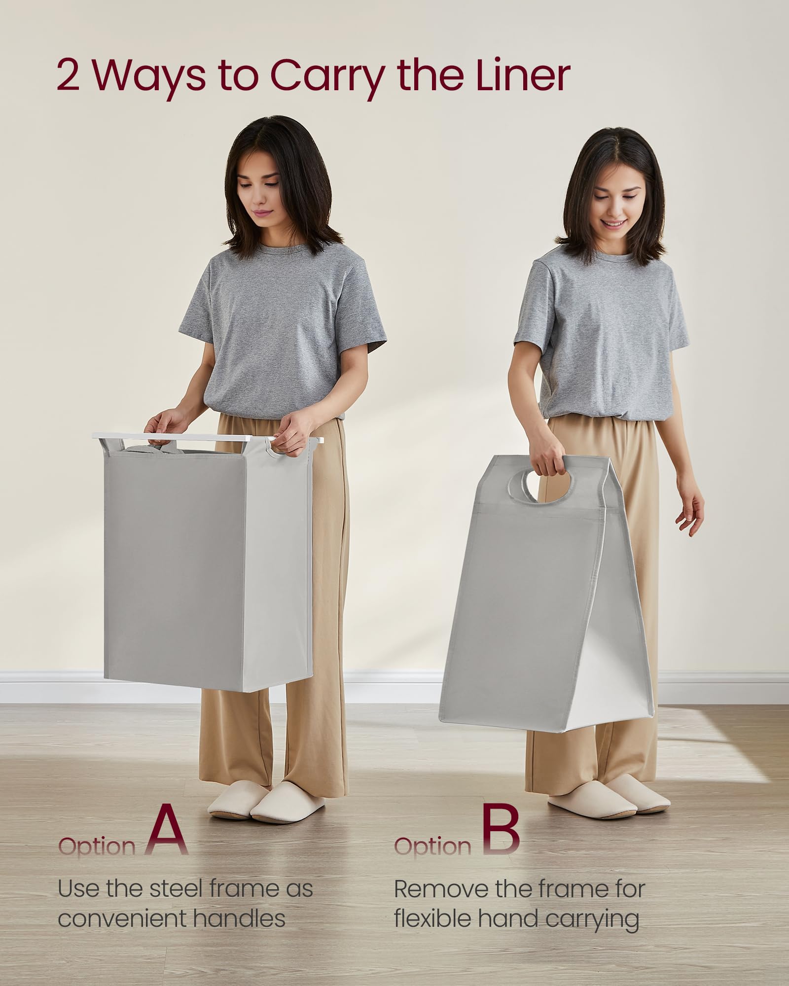 VASAGLE Laundry Basket, Laundry Hamper, Pull-Out and Removable Liner Bag, Shelf, Metal Frame, 65 L, 50 x 33 x 72 cm, Ink Black and Rustic Brown BLH101B01