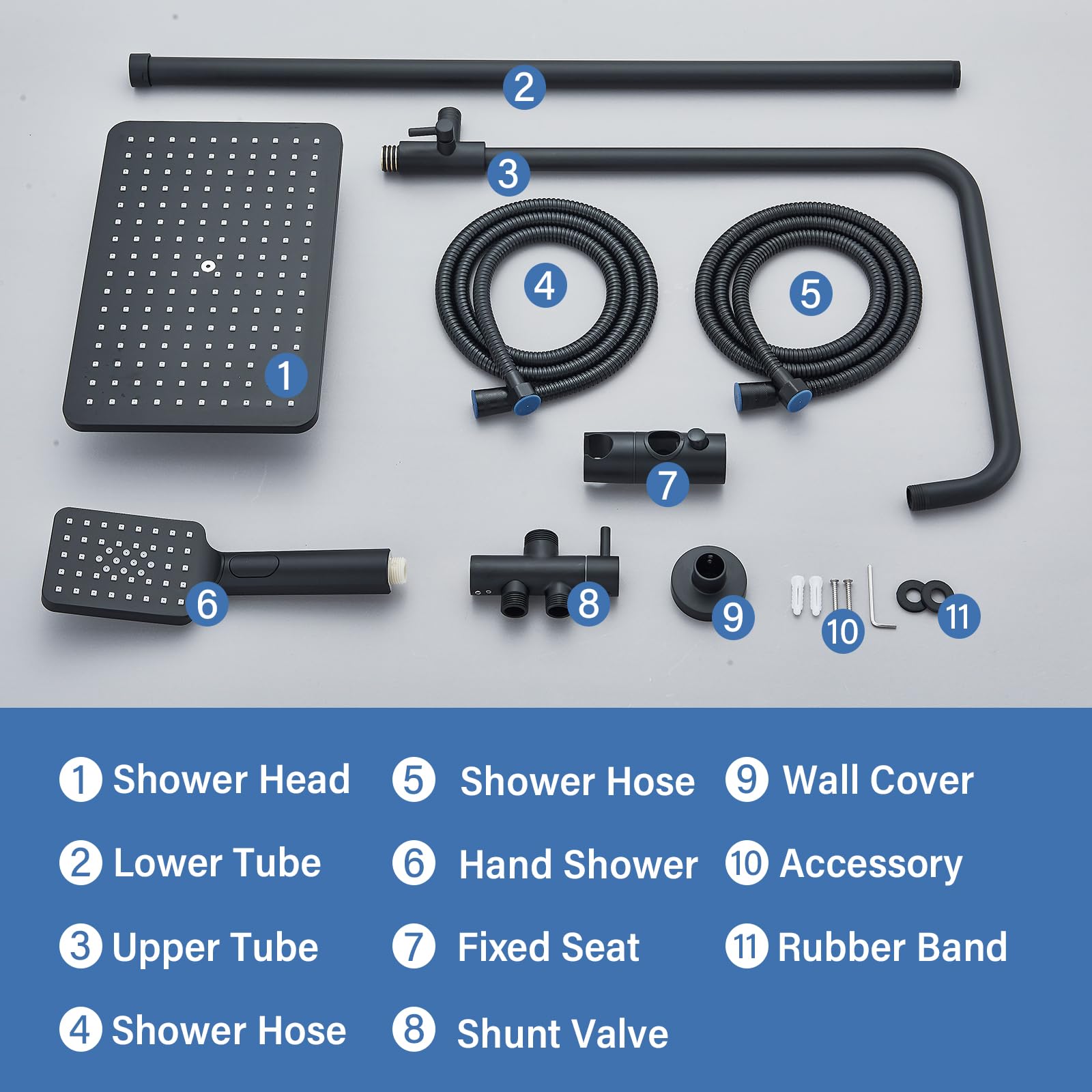 Rozin Shower Riser Rail Kit Adjustable Chrome 2 Functions Square Overhead 29 * 19cm and Hand Shower Stainless Steel Easy Install