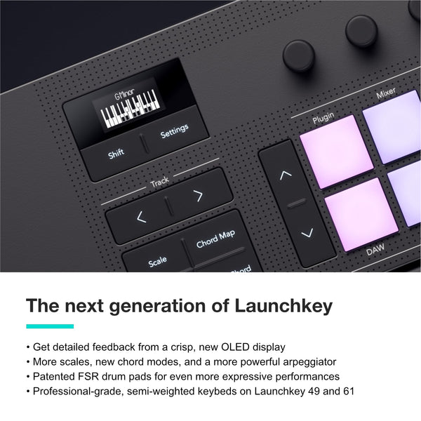 Novation Launchkey Mini 25 [MK4] — Portable 25 Mini-Key, USB, MIDI Keyboard Controller with DAW Integration. Chord Mode, Scale Mode, Drum Pads, and Arpeggiator. Includes Music Creation Software Bundle