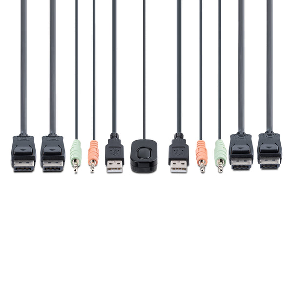 StarTech.com 2-Port Dual-Monitor DisplayPort Cable KVM Switch, 4K 60Hz, Compact KVM with 5ft/1.5m USB-A/DisplayPort/Audio Integrated Cables, Bus Powered, Remote/Hotkey Switching (C2-DD46-UA2-CBL-KVM)