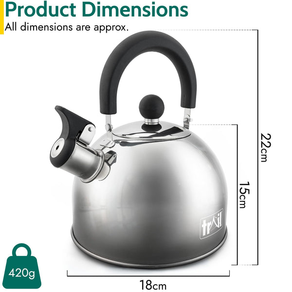 Trail 2L Whistling Camping Kettle, Polished Stainless Steel, Durable & Lightweight, Easy Pour Spout, Folding Heat Resistant Handle, Fast Boil Travel Kettle, Outdoor Fishing Hiking, 15cm x 18cm, 0.42kg