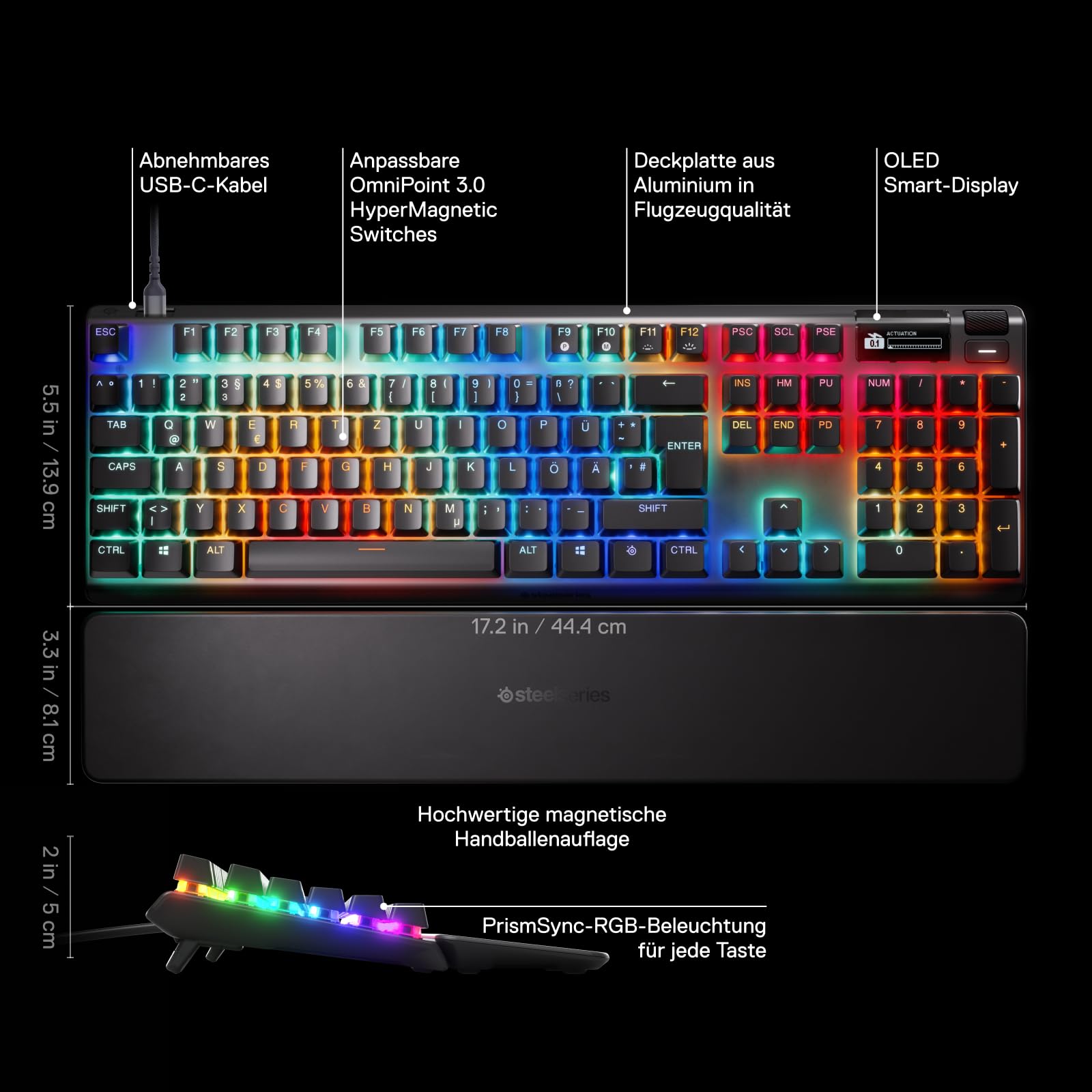 SteelSeries Apex Pro Gen 3 Gaming Keyboard - OmniPoint 3.0 HyperMagnetic Switches - Adjustable Actuation - Rapid Trigger - Game-Ready Presets - Rapid Tap/SOCD - OLED - RGB - USB-C - English QWERTY