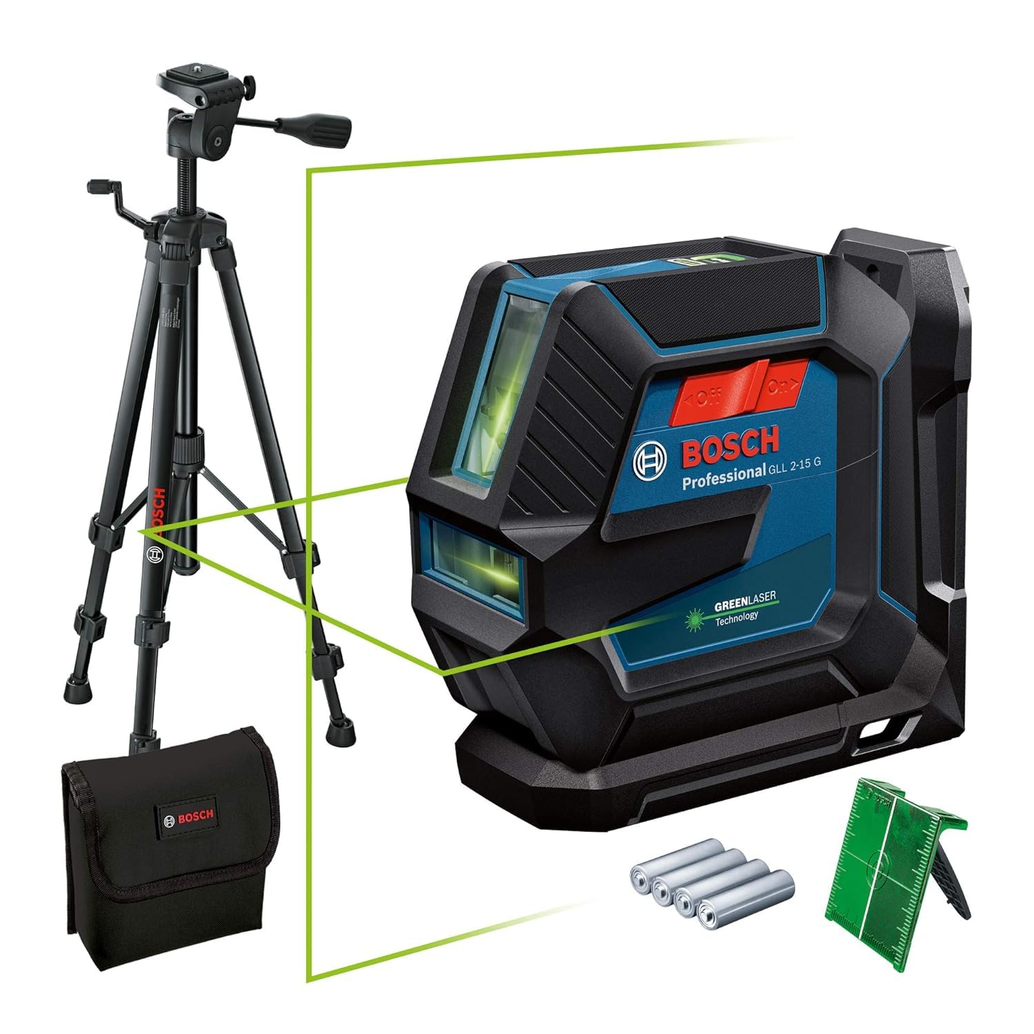 Bosch Professional Laser Level GLL 2-15 G (green laser, interior, LB 10 mount, visible working range: up to 15m, 4x AA battery, in cardboard box)