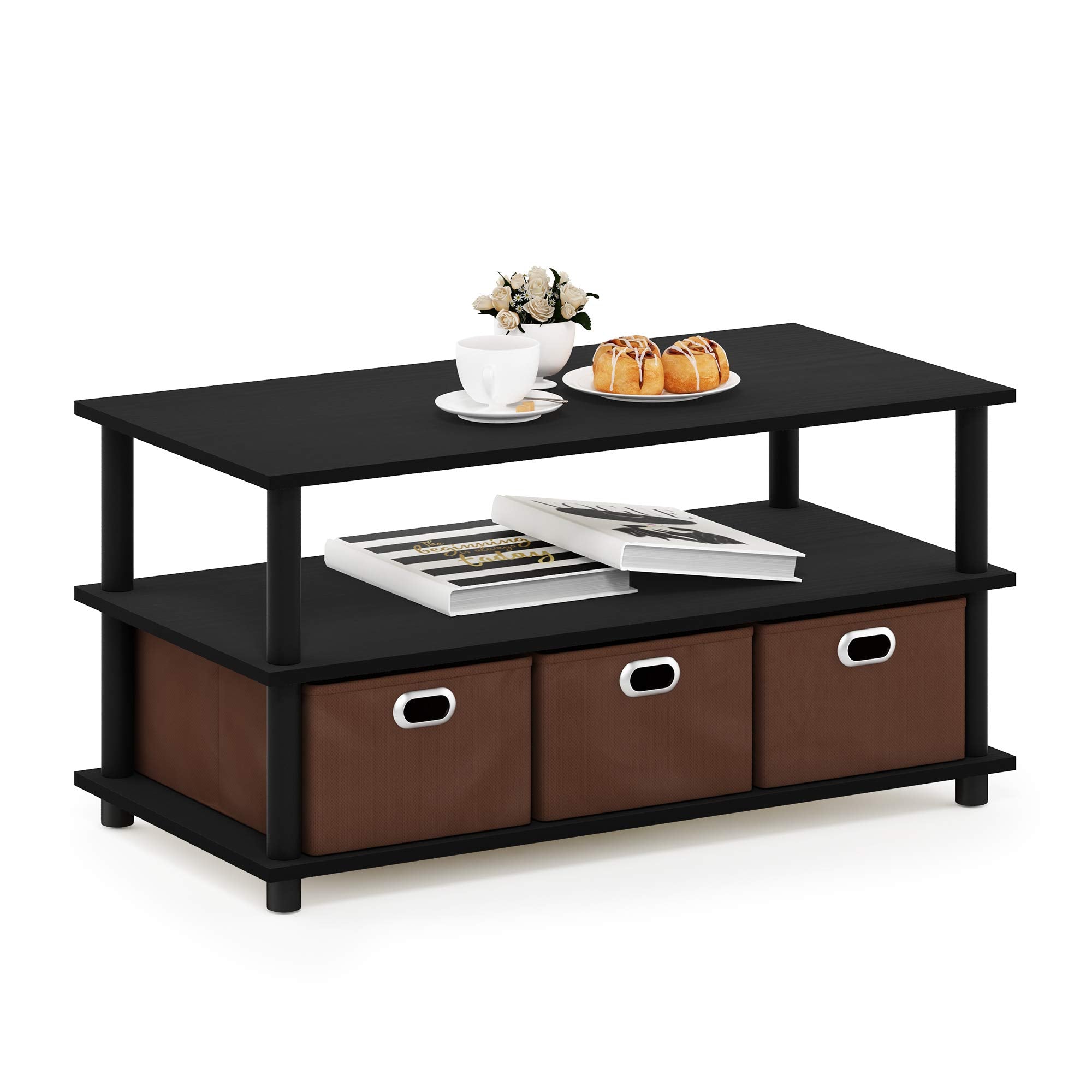 Furinno Frans Turn-N-Tube Coffee Table with Bin Drawers, Black Oak/Black/Brown, 79.2 (W) x 40.1 (H) x 39.4 (D) cm