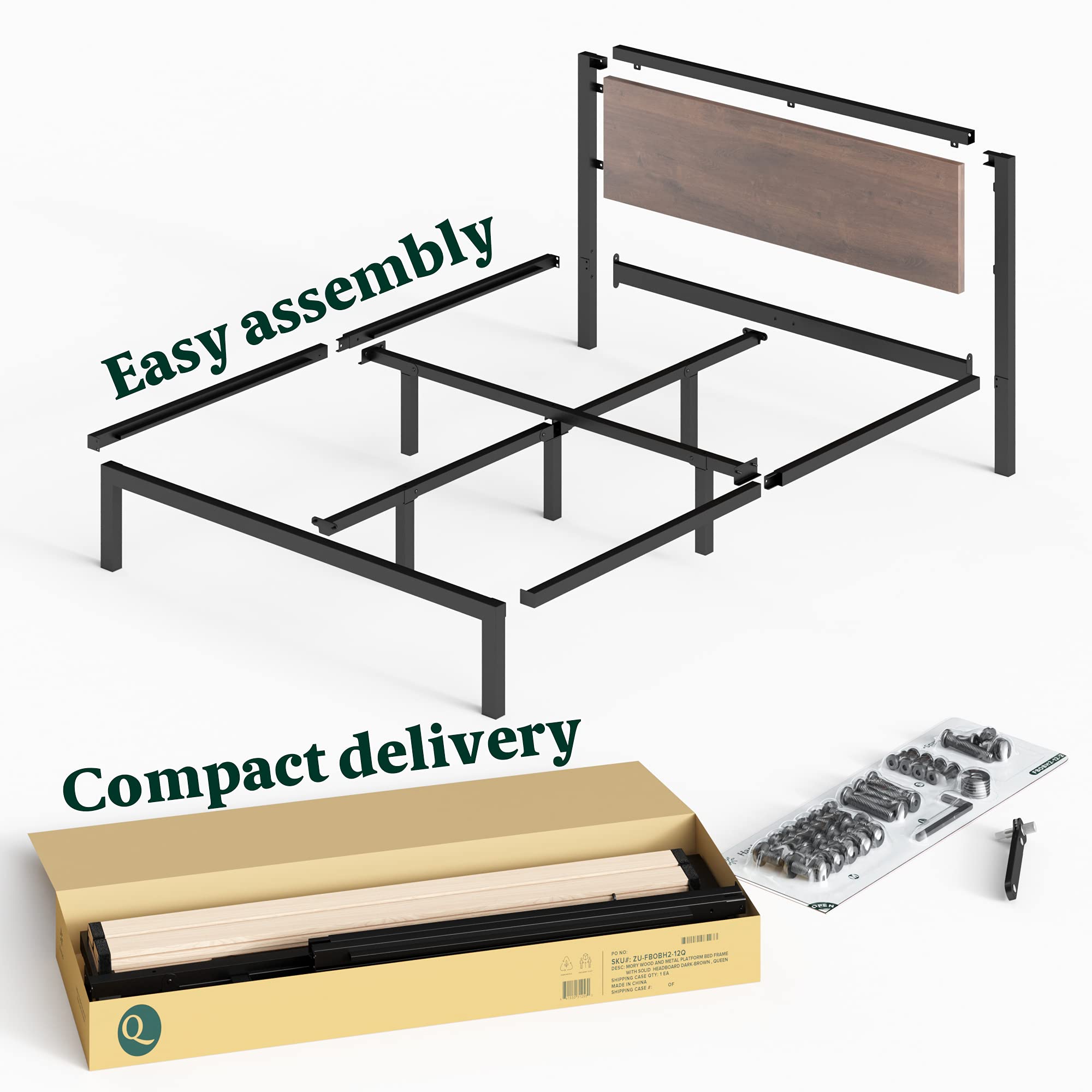 Zinus Mory Single Bed frame - Bed 90x190 cm - 30 cm Height - Metal and Wood Platform Bed frame with Wood slat support - Brown and Black