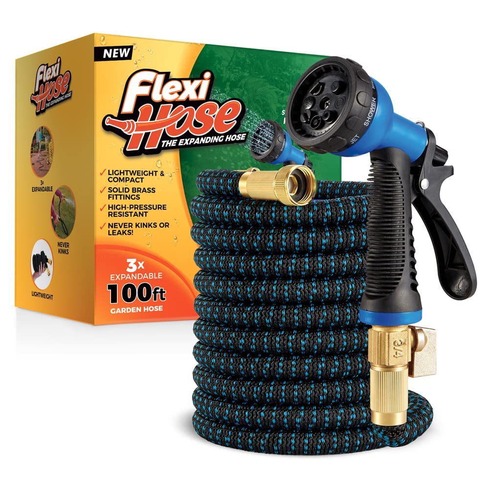 Flexi Hose Upgraded Expandable Garden Hose Pipe Including 8 Function Spray Gun Nozzle - Extra Strength with 2 cm Solid Brass Fittings - No-Kink Flexible Garden Hoses (Orange/Black 15 Metres)