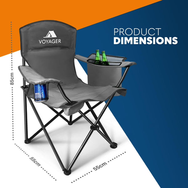Voyager Folding Camping Chairs 2 Pack with Cooler Bag, Lightweight Q195 Steel Frame, 600D Oxford Fabric, Portable & Comfortable - Black (Black, Padded)