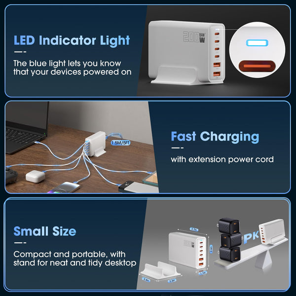 200W 6-Port USB Charging Station, PD 100W 65W 45W 20W 18W USB C GaN III Charger Laptop & Phone Fast Charger Plug, Compatible with MacBook Pro/Air,Dell XPS, iPhone 15/16/14/ Pro, iPads, Steam Deck