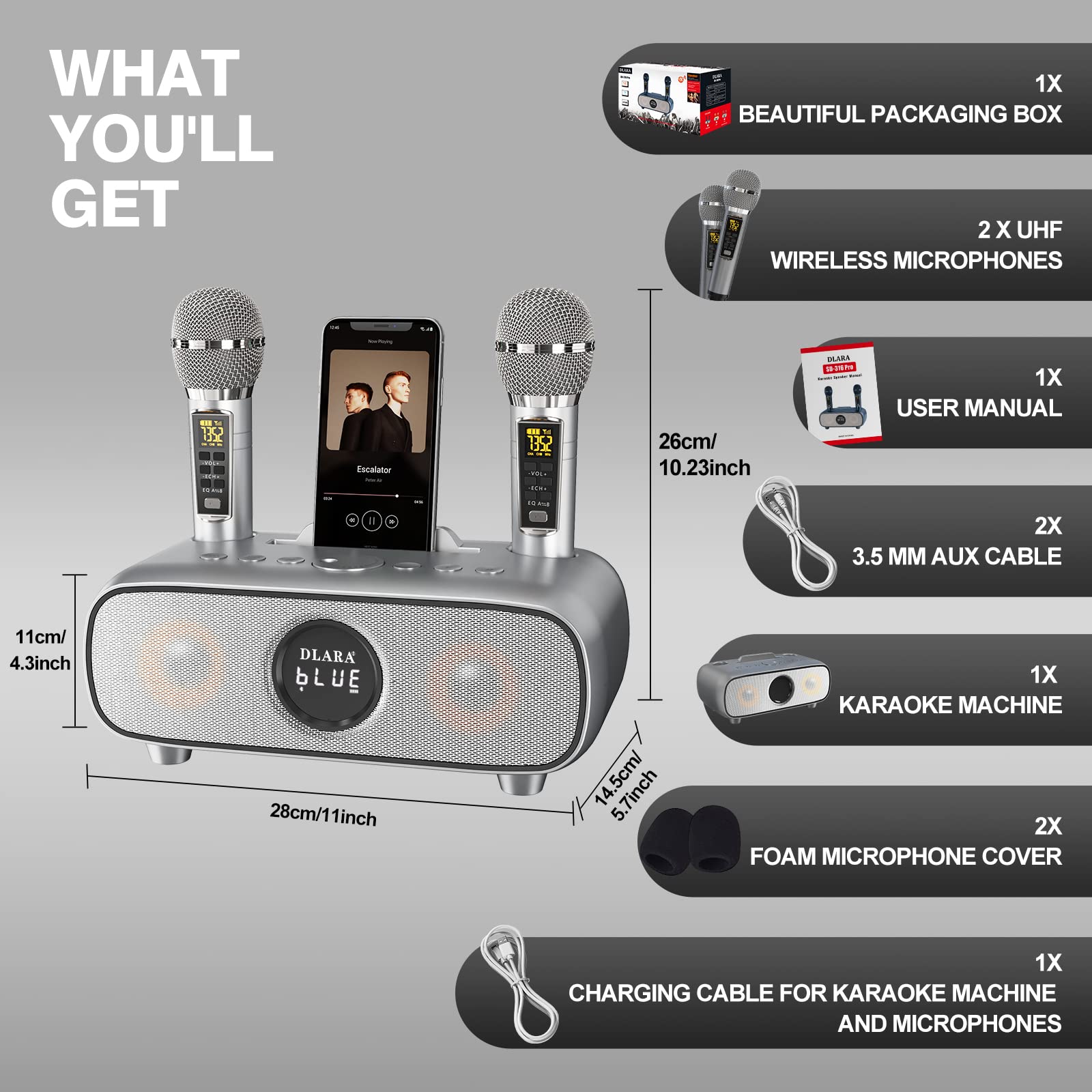 Upgrade Karaoke Machine for Adults and Kids,Portable Bluetooth 2 UHF Wireless Karaoke Microphone with Holder/USB/TF Card/AUX-in,PA Speaker System for Home Party, Picnic,Car,Outdoor/Indoor-Grey