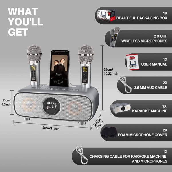 Upgrade Karaoke Machine for Adults and Kids,Portable Bluetooth 2 UHF Wireless Karaoke Microphone with Holder/USB/TF Card/AUX-in,PA Speaker System for Home Party, Picnic,Car,Outdoor/Indoor-Grey