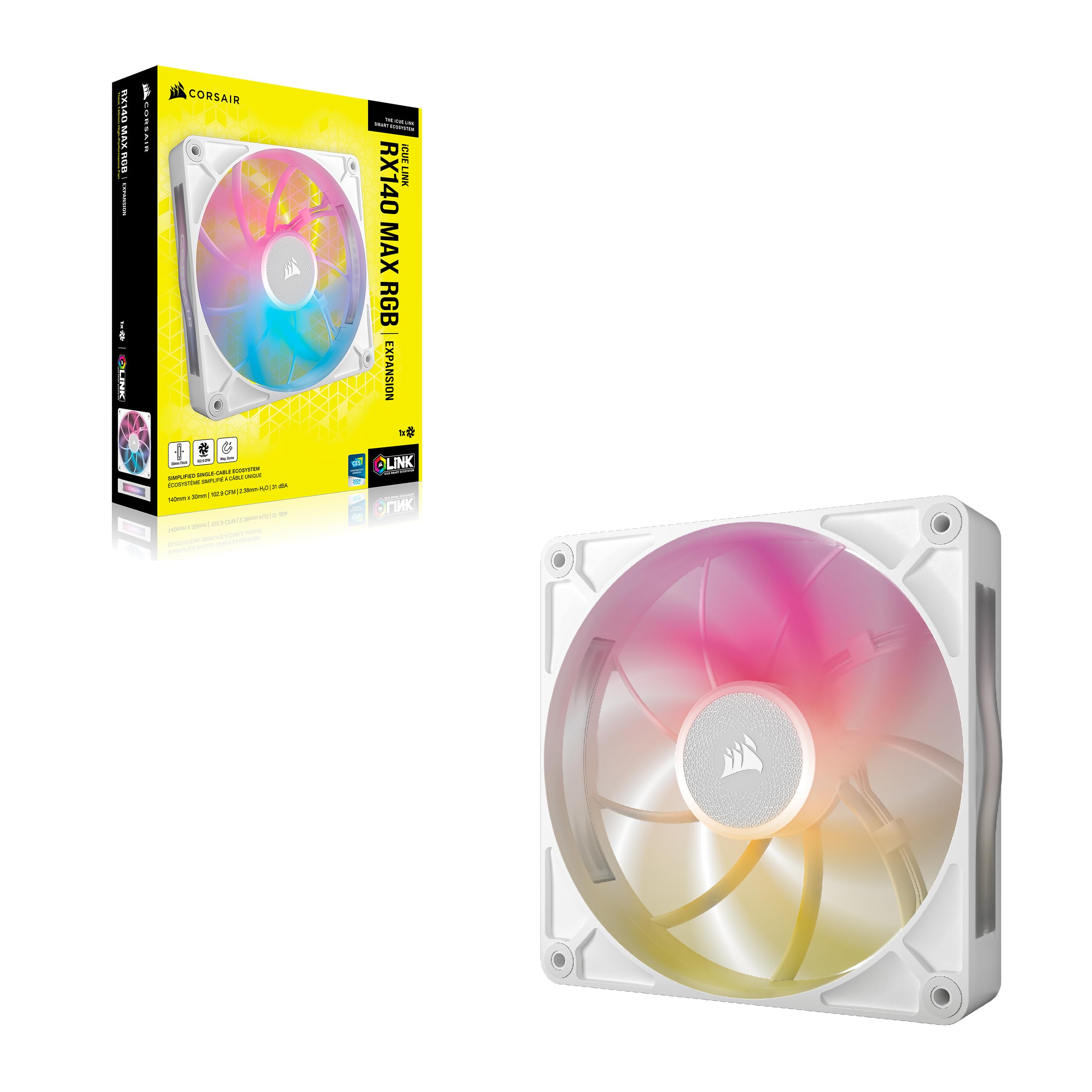 CORSAIR iCUE LINK RX120 MAX RGB 120mm PWM Thick Fans with iCUE LINK System Hub – High-Static Pressure – Magnetic Dome Bearing – Triple Pack – White