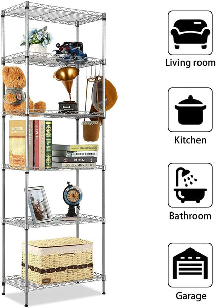 FTEYUET 6-Tier Metal Shelving Unit, Wire Kitchen Storage Unit, Heavy Duty Standing Shelf for Laundry Organization (Silver)