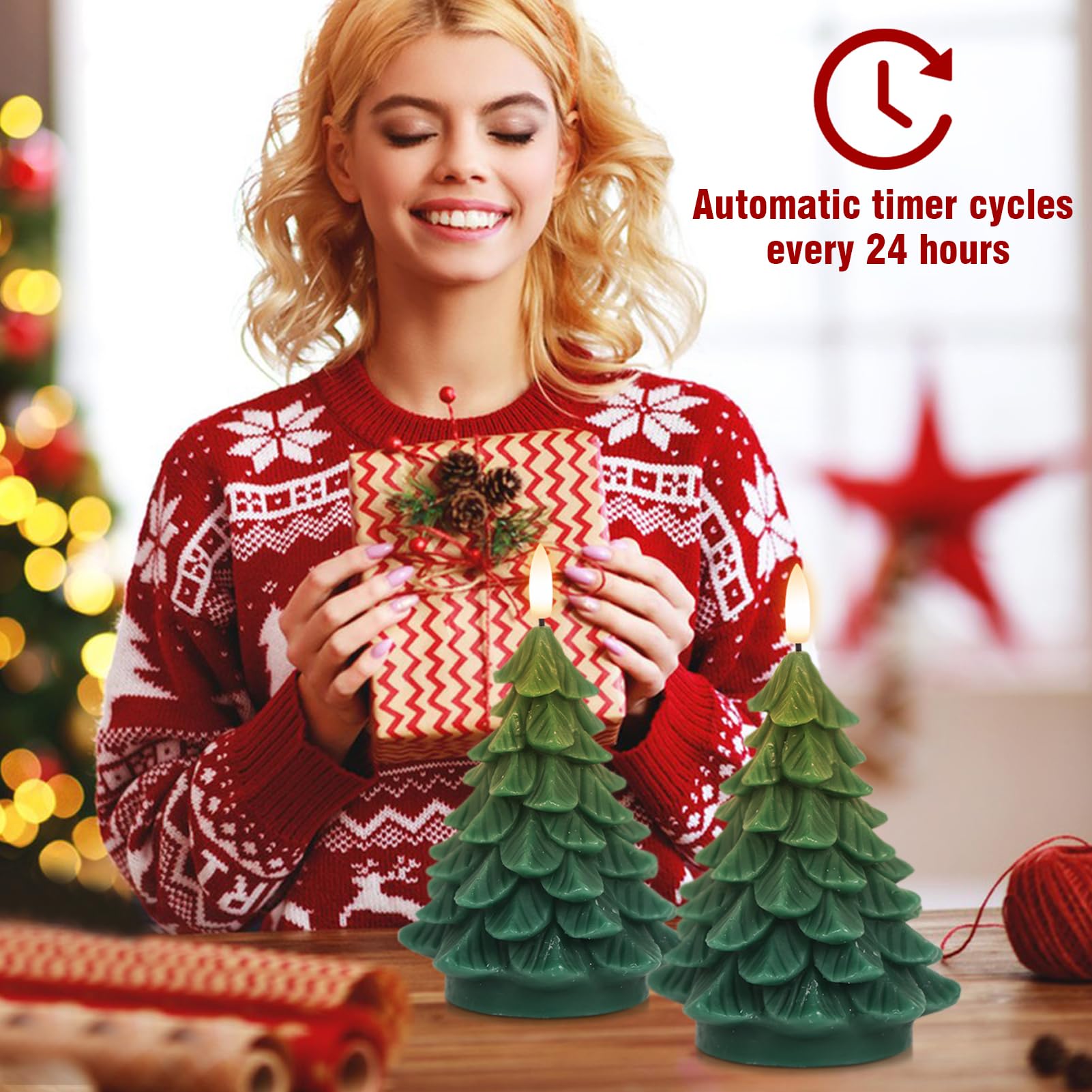 Eldnacele Christmas Flameless Candles With 6H Timer, Real Wax Flickering LED Battery Operated Fake Candles, Tree Shaped for Home Dcor and Decoration