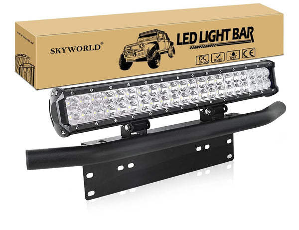 SKYWORLD LED Light Bar, 20 inch 126W Spot Flood Combo Beam Work Driving Lamp with Black License Plate Mounting Bracket Wiring Harness Kit for Truck Car ATV SUV 4X4 Truck Boat