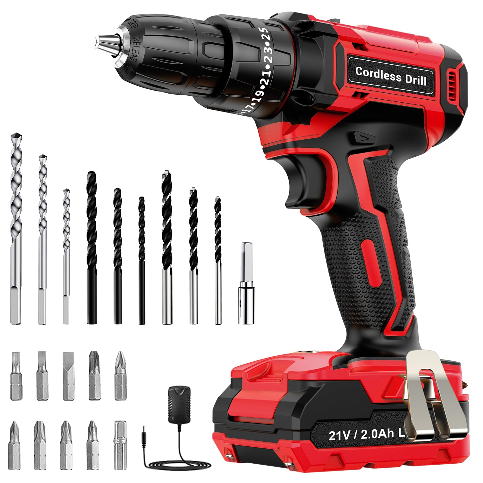 LEEIKOO Cordless Drill, 21V Electric Drill 42N.m with 2.0Ah Battery, Combi Set 10mm Chuck, 2 Speeds, 18+1 Torque, LED Light, 20pcs Drill Set for Garden DIY Project, Grey