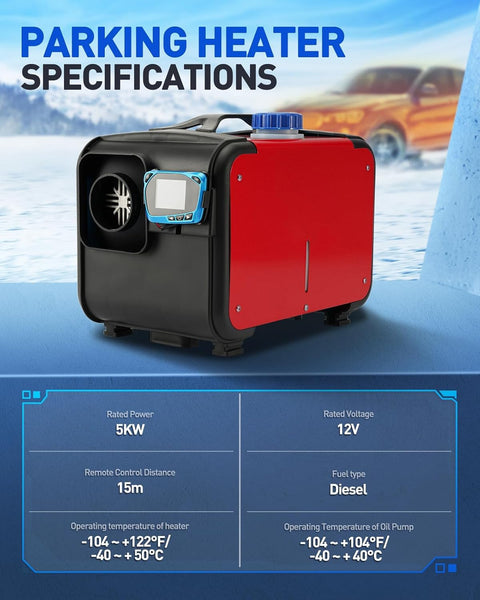 ShockFlo 12V 5KW Diesel Air Heater, All in One Parking Heater Kit with Remote Control, Silencer and LCD Display, Fast Heating, for RV Truck, Motorhomes, Boat, Bus, Car Trailer, Caravans