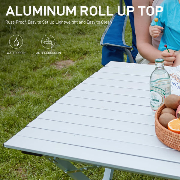 EVER ADVANCED 120X70CM Folding Camping Table with Slatted Top, Aluminium Roll Up Table Height Adjustable, Fold Up for 4-6 People, Folding with