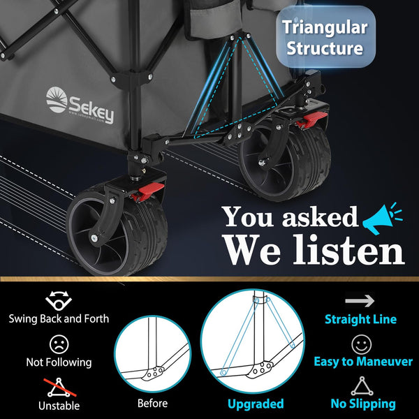 Sekey 200L Folding Festival Trolley with All-Terrain Extra Wide Wheels and Brake, Heavy-Duty Cart Loadable up to 150KG, Patented Four-Directional Foldable Design, Wagon for Beach Camping Outdoor, Grey