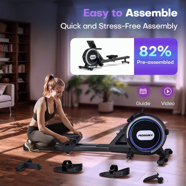 Rowing Machine, MOSUNY Ultra-Quiet Magnetic Rowing Machines for Home Gym with 16/32 Level Resistance & App Support, Upgrade Smooth Double Glide System, 350LBS Capacity Foldable Rower with LCD Monitor