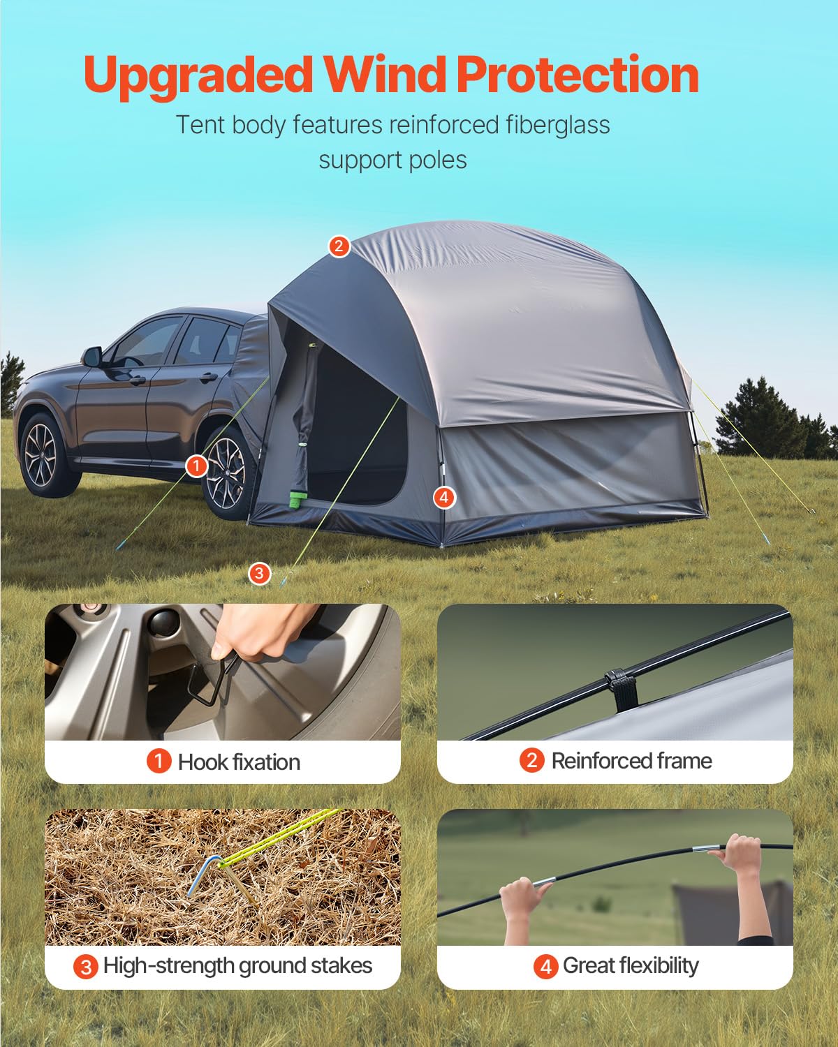 VEVOR Waterproof PU2000mm Spacious Double Layer Design, SUV Camping Tent with Shade Awning and Mesh Windows, Includes Rainfly and Storage Bag
