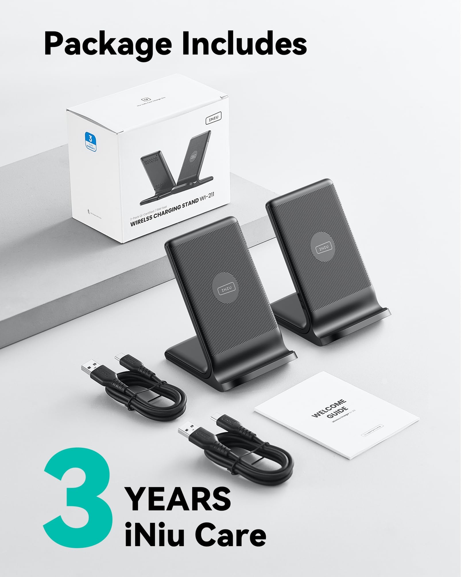 INIU Wireless Charger Stand, 15W Qi Fast Charging Dock Phone Charger, Adaptive LED Wireless Charging Station for iPhone 16 15 14 13 12 11 9 8 XR, Samsung S22 S21 S10 S9, LG V40 G8, Pixel 8 7 6 etc.