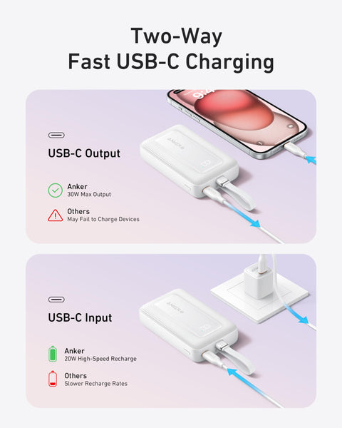 Anker Zolo Power Bank, 10,000mAh 30W High-Speed Portable Charger with Built-In USB-C Cable, Fast Charging Battery Pack for iPhone 16/16 Plus/16 Pro/16 Pro Max/15 Series, Galaxy, iPad, and More