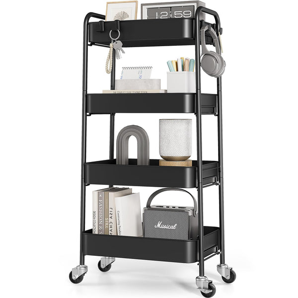 KINGRACK Rolling Storage Cart, 4 Tier Metal Utility Cart with Wheels & Hooks, Craft Art Esthetician Organizer, Easy Assembly Cart for Office Bathroom