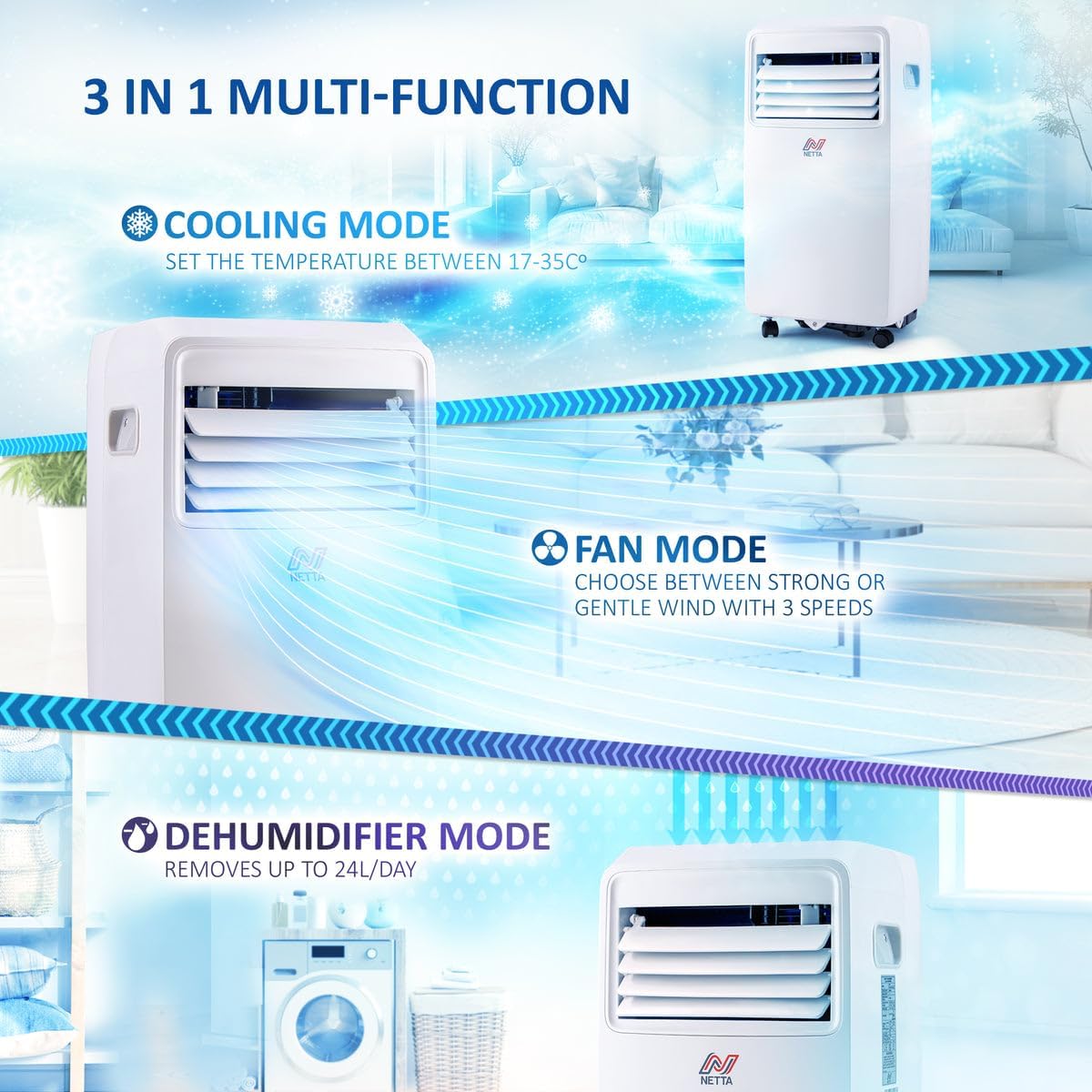 NETTA Portable Air Conditioner 3-IN-1 8000BTU, Dehumidifier, Cooling Fan - WiFi Smart App, 3 Speed Settings, Weekly Timer, Remote Control [Energy Class A] [Energy Class A]