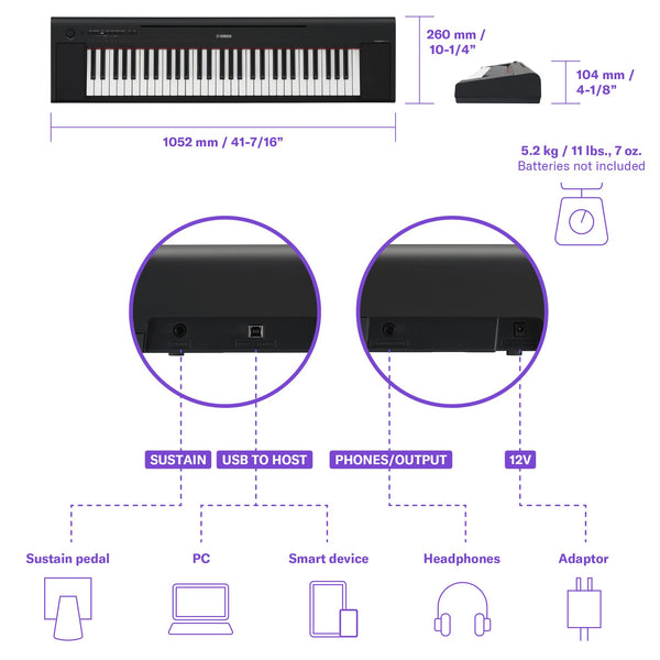 Yamaha NP-15 Piaggero Digital Keyboard with 61 Touch Sensitive Keys and 15 Instrumental Voices, Lightweight and Portable