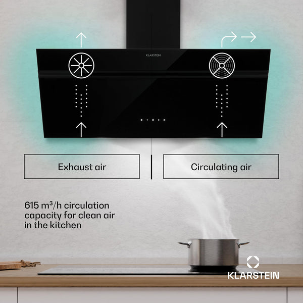 Klarstein Alina 90 Angled Cooker Hood - 600m³/h Air Flow, Touch Panel, LED Backlighting, Quiet 63dB, Energy Class A, 90cm Extractor Hood, Black