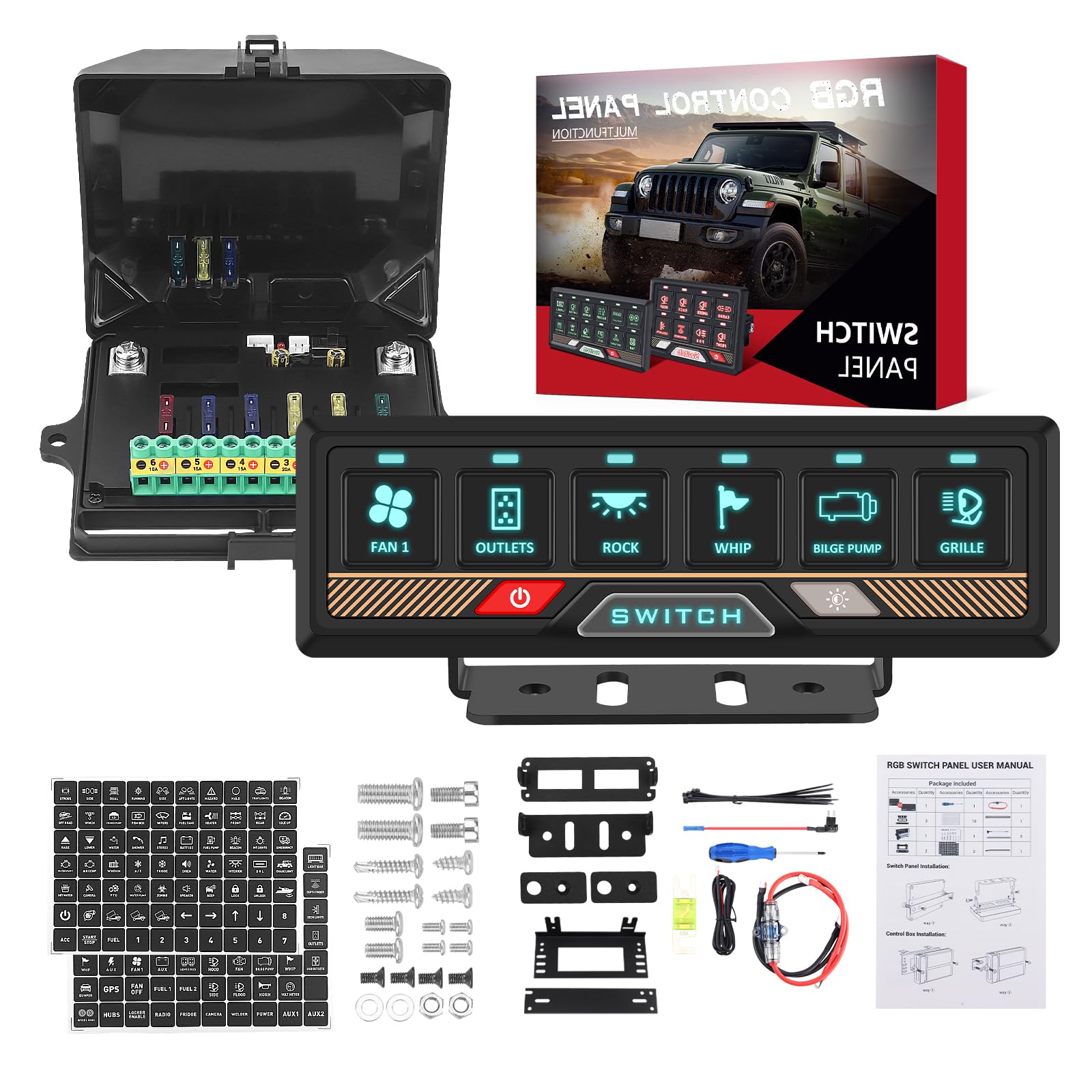 Chelhead 12V/24V Switch Control Panel RGB 6 Gang Dimmable Multi-Function Programmable Switch Panel Acc Battery Control Waterproof, Compatible with Truck Boat SUV RV Trailer Marine ATV UTV