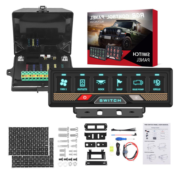 Chelhead 12V/24V Switch Control Panel RGB 6 Gang Dimmable Multi-Function Programmable Switch Panel Acc Battery Control Waterproof, Compatible with Truck Boat SUV RV Trailer Marine ATV UTV