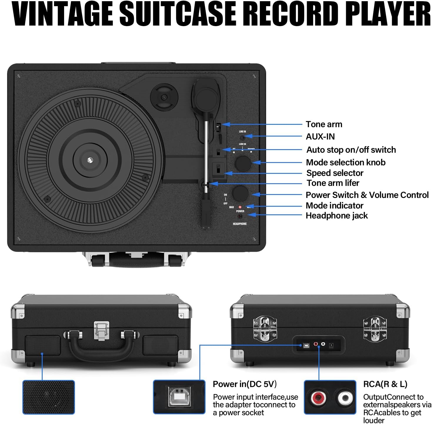 DIGITNOW!Three Speeds Turntable Retro Record Player with Built-in Stereo Speakers, Supports USB, RCA Output , Headphone Jack , MP3 , Mobile Phones Music Playback,Suitcase Design